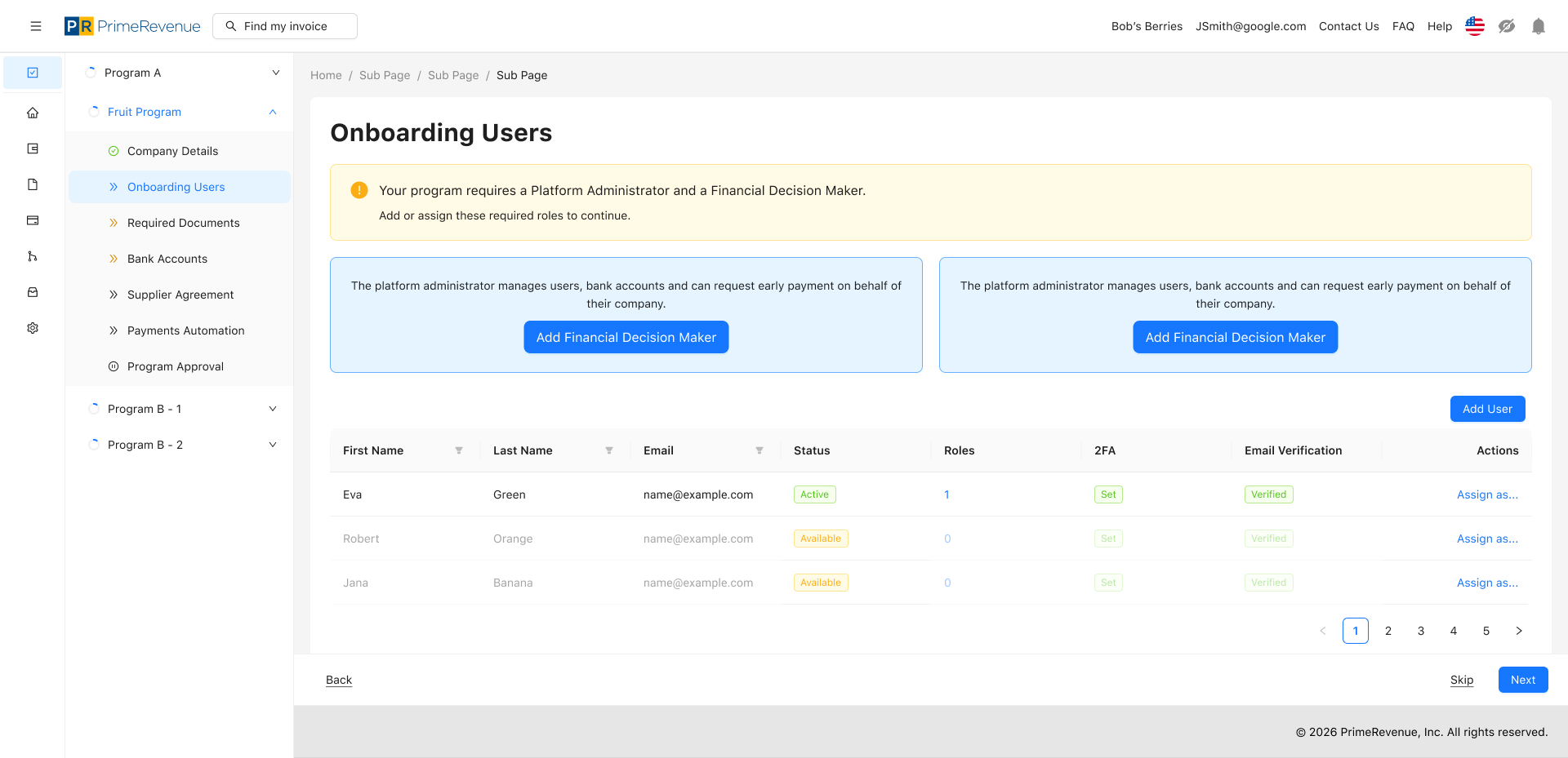 PrimeRevenue Onboarding Users
