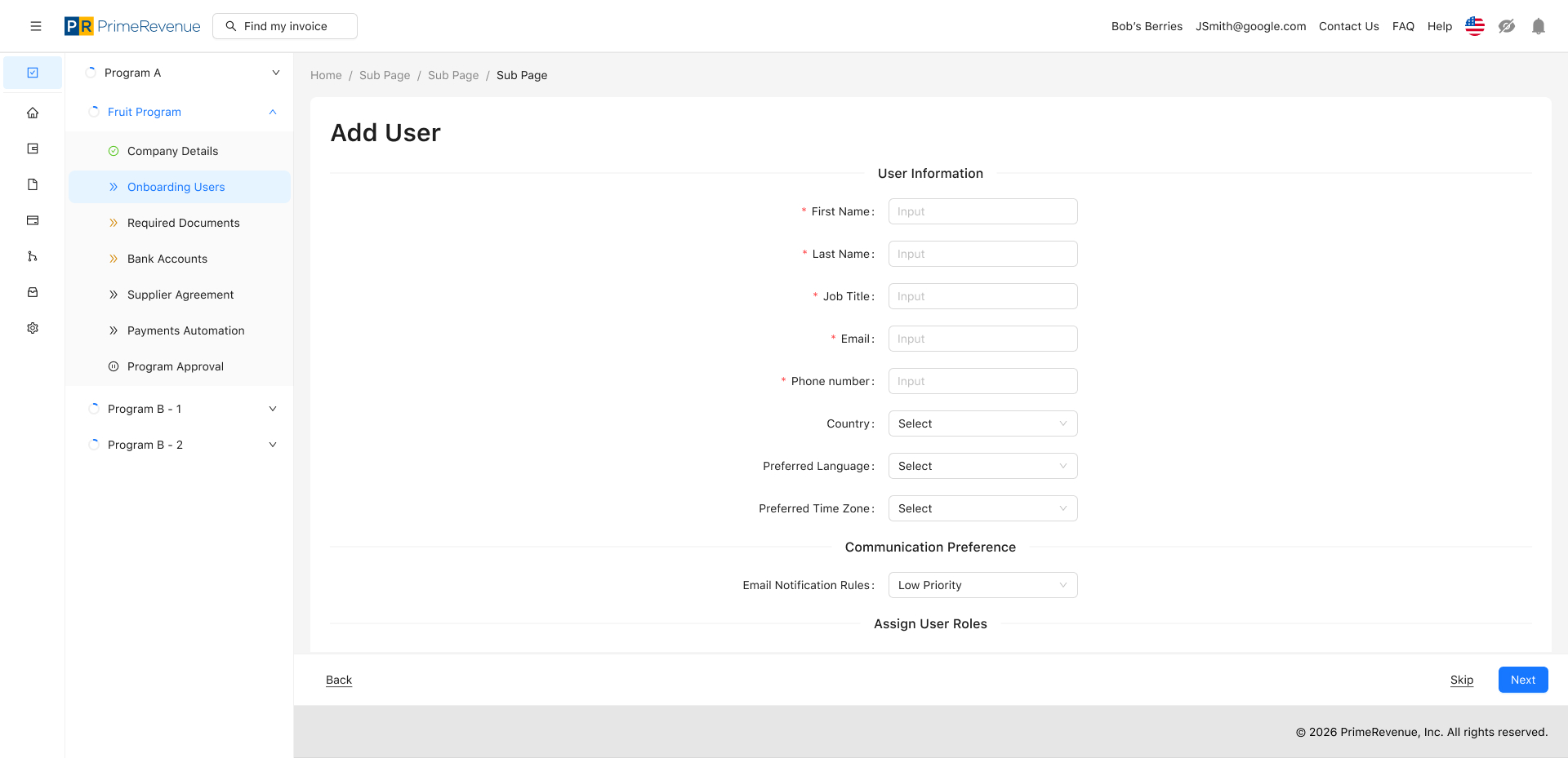 PrimeRevenue Add User